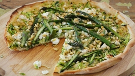 Helen's Pizza of Asparagus, Courgettes, Pine Nuts and Goat's Cheese