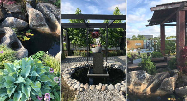 Water inspired gardens featured greenery, rocks and pergolas.